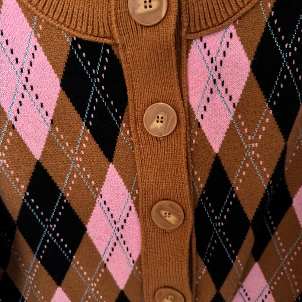 Anthropologie Argyle Button-Up Sweater - Pink, Brown, Black - Picture 2 of 4